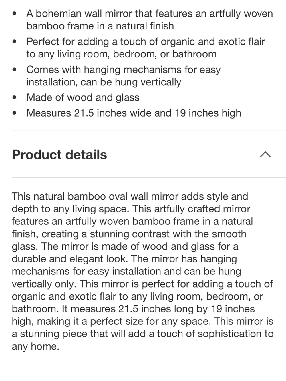 Creative Co-Op Woven Bamboo Oval Wall Mirror in Natural Beige 21.5” W x 19” H